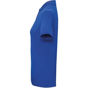 A blue women's polo shirt with a sleek design, featuring a side view and a logo on the front.