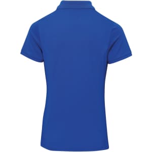 A fitted, short-sleeved polo shirt in bright blue with a collar and a logo on the back.