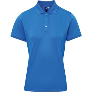 A women's polo shirt in a vibrant blue colour, featuring a collar and three buttons, with a logo present.