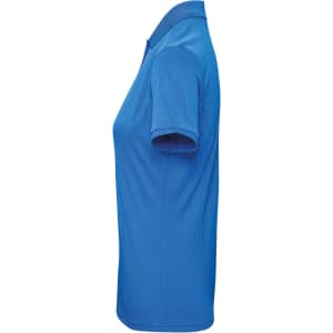 A blue women's polo shirt with short sleeves and a collar, featuring a branding logo.