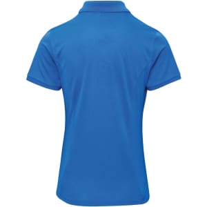 A women's blue polo shirt with a classic collar and short sleeves, featuring a logo on the back.
