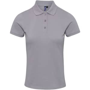 A light grey polo shirt with a classic collar and three buttons, featuring a logo on the chest.