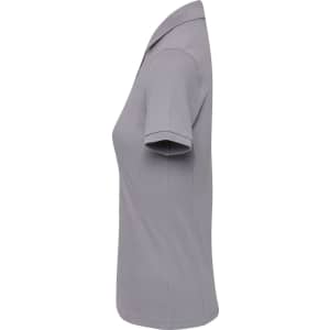 A grey women's polo shirt featuring a classic pique design, with short sleeves and a subtle logo.