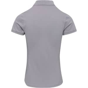 A grey women's polo shirt with a short sleeve and a collar, featuring a logo on the back.