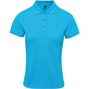 A women's polo shirt in bright aqua blue, featuring a collar and three-button placket. Includes a logo.