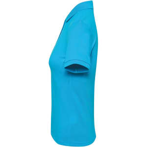 A women's polo shirt in bright turquoise, featuring short sleeves and a collar. The shirt has a logo on it.