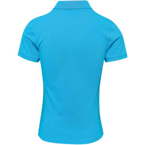 A turquoise women's polo shirt featuring a classic pique texture and a collar, with a logo on the back.