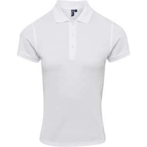 A white women's polo shirt with short sleeves and a collar. It features a branding logo.