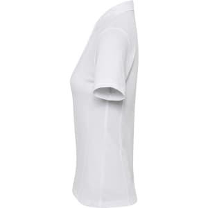 A white women's polo shirt with short sleeves and a fitted style, featuring a logo on the side.