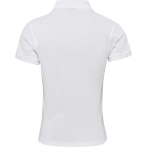 A white women's polo shirt with short sleeves and a collar, featuring a logo on the back.