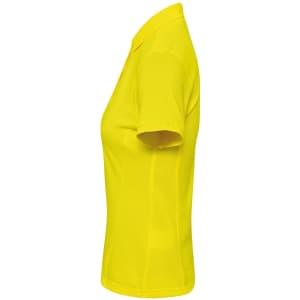 A women's yellow polo shirt with short sleeves, featuring a collar and a logo.