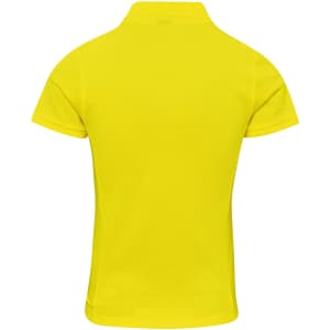 A yellow polo shirt featuring a classic pique design and a logo on the back. Ideal for casual wear.