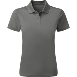 A grey women's polo shirt made from recycled materials, featuring a standard collar and three buttons.