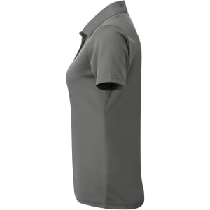 A grey women's spun dyed recycled polo shirt with a classic collar and short sleeves, featuring a logo.