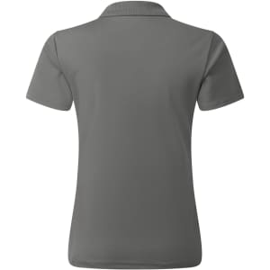 A grey women's polo shirt made from recycled materials, featuring a collar and short sleeves. It has a logo on the back.