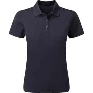 A navy women's polo shirt made from recycled materials, featuring a collar and three buttons, with a logo.