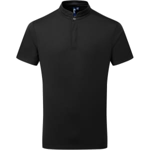 A black short-sleeved shirt with a high collar and a button detail at the neck. Features a logo on the chest.