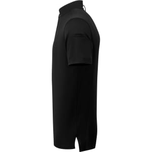 A black short-sleeved chef's shirt with a collar and side detailing, featuring a logo on the front.