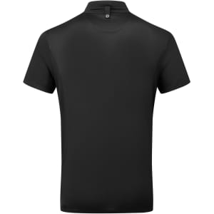 A black short-sleeved chef's shirt with a collar and a button at the back, featuring a logo.