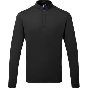 A black long-sleeved chef's shirt with a stand-up collar and a single button detail, featuring a branding logo.
