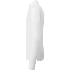 A white long-sleeve shirt with a collar, featuring a logo on one sleeve.