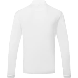 A long-sleeved, white shirt with a high collar, featuring a logo on the back.