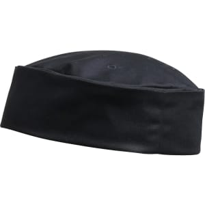 A black chef's hat with a flat top and a turned-up brim, featuring a subtle logo.