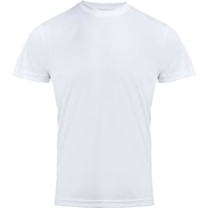 A white chef's T-shirt made of lightweight fabric, featuring a simple design with a logo.