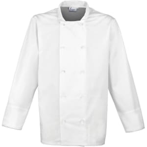 A white chef's jacket with a double-breasted design and long sleeves. The jacket features a logo on the collar.