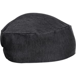 A Chef's skull cap in dark grey fabric, featuring a rounded design and a logo on the side.