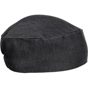 A dark grey chef's skull cap with a rounded top and a simple design, featuring a logo on the side.