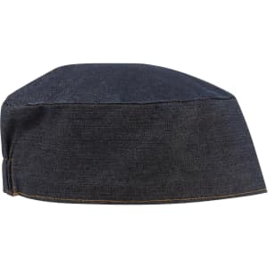 A dark denim chef's skull cap with a flat top and stitched seams, featuring a branding logo.