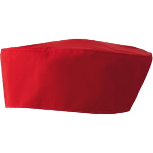A red chef's skull cap with a structured, angular design. It features a logo on one side.