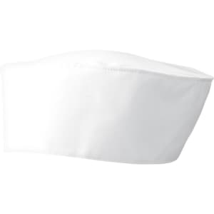 A white chef's skull cap with a smooth, rounded design. Features a branding logo.