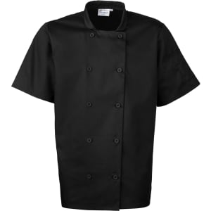 A black short-sleeved chef's jacket with a double-breasted design and buttons, featuring a logo on the sleeve.