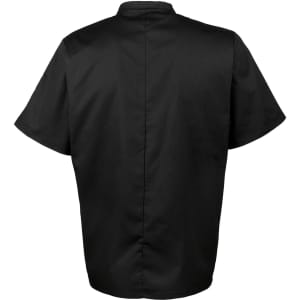 A black chef's jacket with short sleeves, featuring a simple design and a back view. It has a logo.