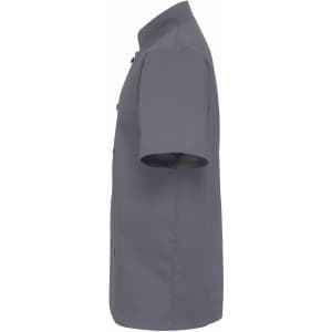 A grey chef's jacket with short sleeves, featuring a side view and a simple design with a logo.