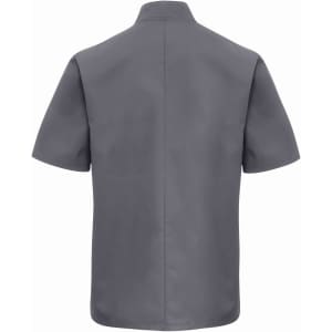A short-sleeved chef's jacket in grey, featuring a simple design and a logo on the back.