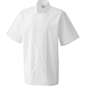 A short-sleeved white chef's jacket featuring double-breasted buttons and a logo. Suitable for culinary professionals.