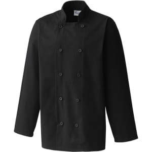 A black chef's jacket with a double-breasted front and long sleeves, featuring buttons and a branding logo.