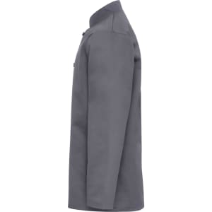 A grey chef's jacket with a collar and button details, featuring a side view of the design.