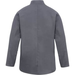A grey chef's jacket with long sleeves and a high collar, featuring a simple design.