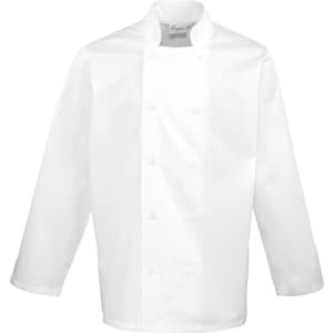 A white chef's jacket featuring a double-breasted design and long sleeves, with a logo on the collar.