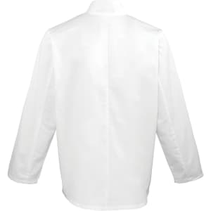 A white chef's jacket with long sleeves, featuring a simple design and a logo on the back.