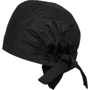 A black chef's zandana with a tied back design, featuring an elasticated band for a secure fit.