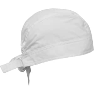 A white chef's headwear with a tied back feature, designed for use in culinary environments.