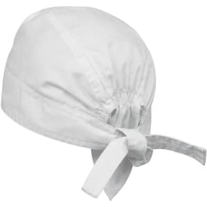 A white chef's bandana, featuring a tied back design and an elastic band for a secure fit.