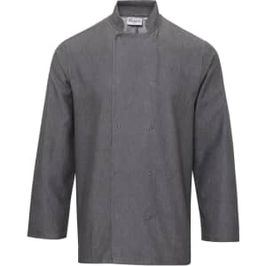 A grey denim chef's jacket with a mandarin collar and long sleeves, featuring a logo on the left side.