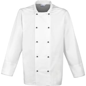 A white chef's jacket with a double-breasted design and black buttons, featuring long sleeves and a collar.