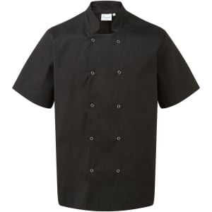A black studded front chef's jacket with short sleeves and double-breasted design. It features a logo on the label.